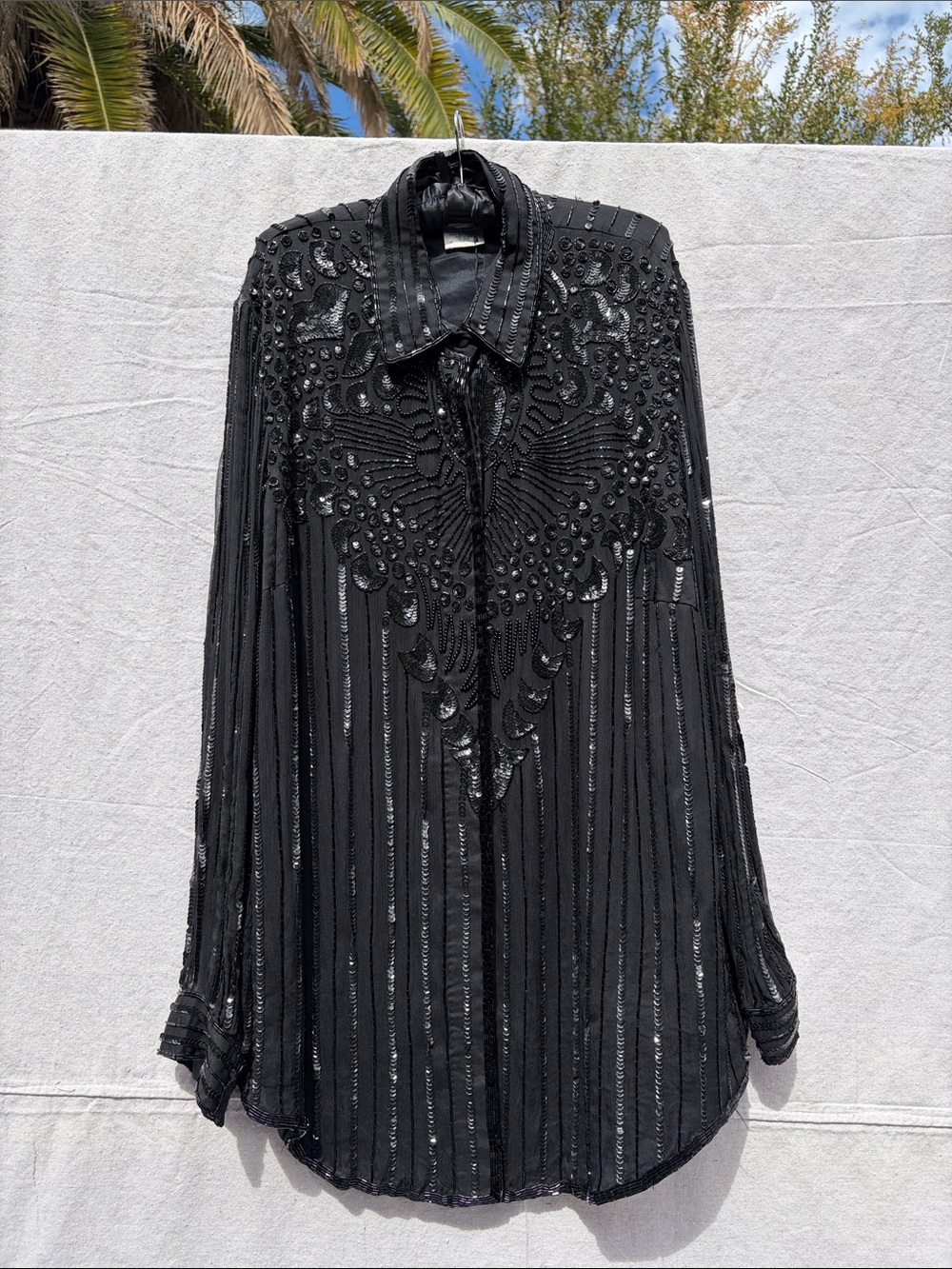 Embellished Black Sequin Long-Sleeve Dress Shirt